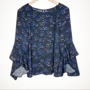 Sanctuary Moon Child Dark Blue Star Print Ruffle Long Sleeve Blouse EUC